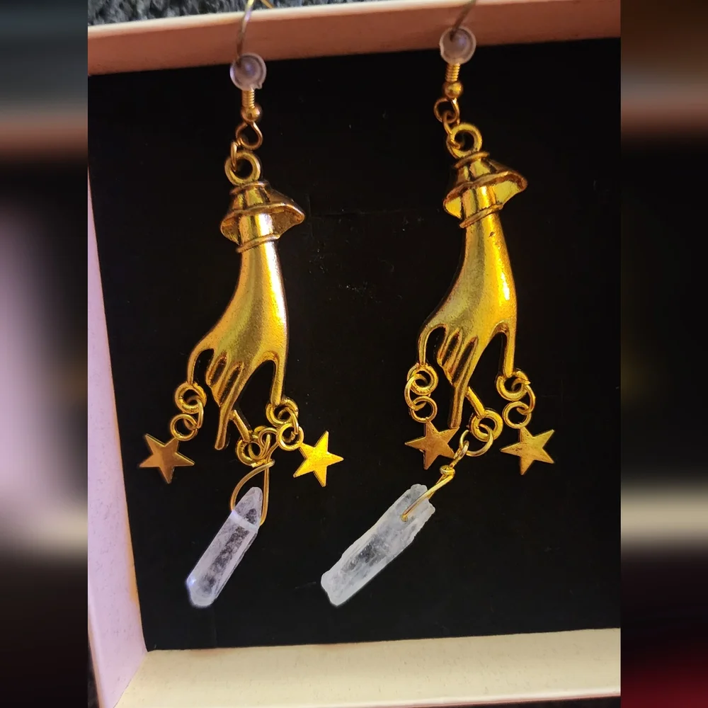 Vintage Homemade Stars And Clear Quartz Charm Hand Earrings